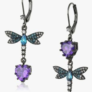 Betsey Johnson. Glamorous Heart and Dragonfly Earrings in Purple and Blue